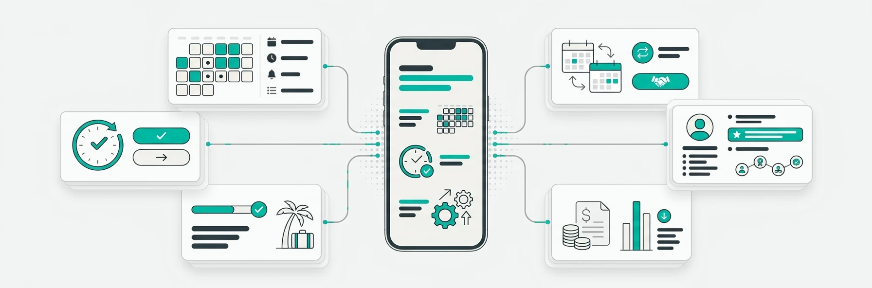 Employee mobile app illustration — schedules, shift details, requests, availability and notifications on a worker's phone.