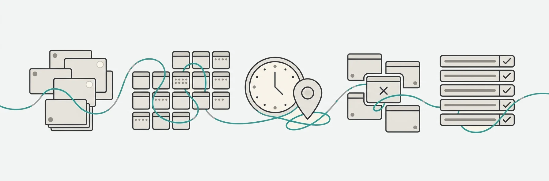 Workflow illustration — workforce plan, published shifts, what actually happened on the day, and approved hours moving through one connected path.