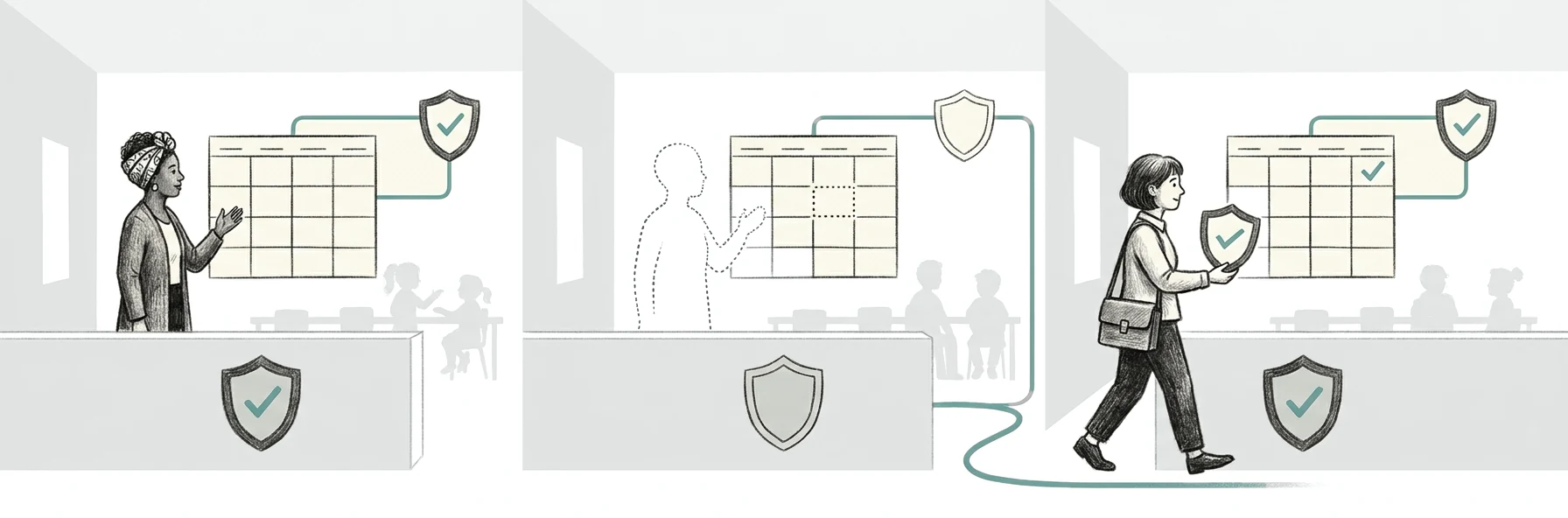 Childcare and education illustration — educator coverage by qualification and room, with relief staffing when regular staff are away.