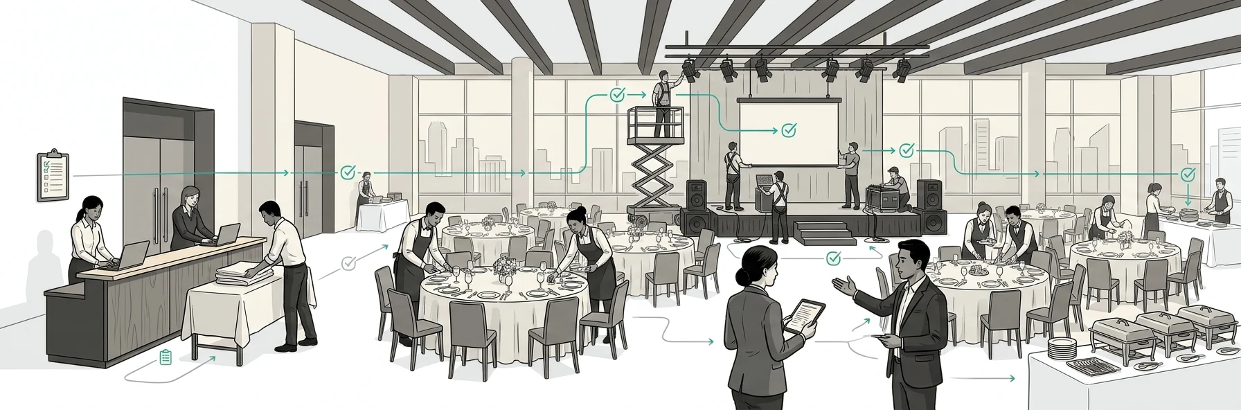 Events and MICE illustration — event build-up, show days and teardown staffed across venues and shifts.