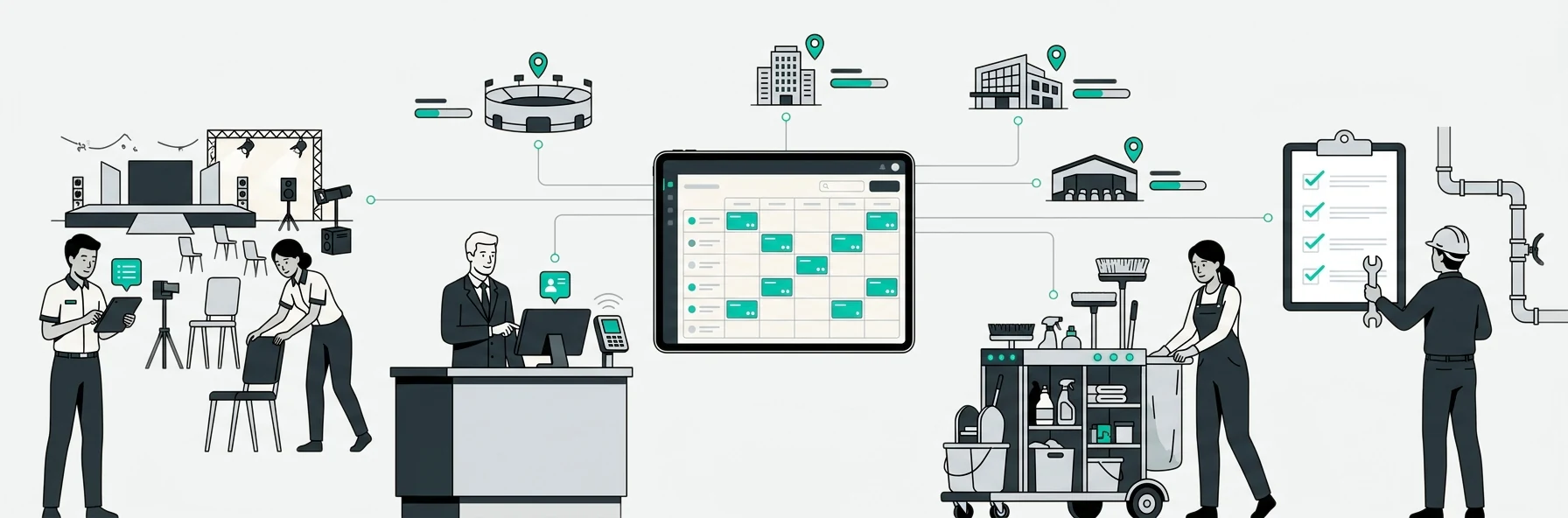 Facilities, events and services illustration — deployed teams, site coverage and event staffing schedules.