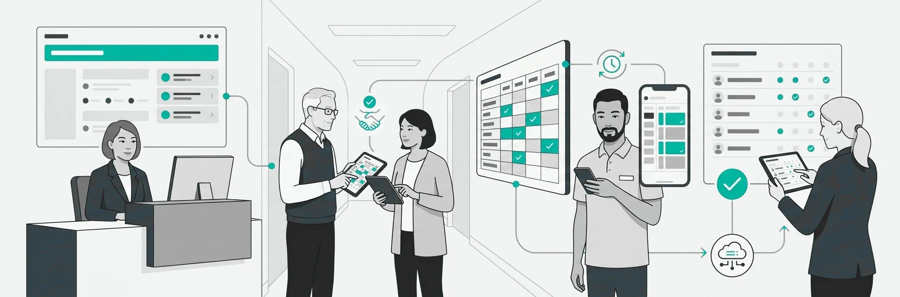 Healthcare and care services illustration — clinical and care teams across rotating shifts and duty rosters.
