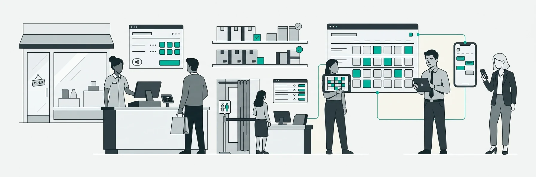 Multi-outlet retail illustration — store teams, shift coverage and footfall-driven staffing across locations.