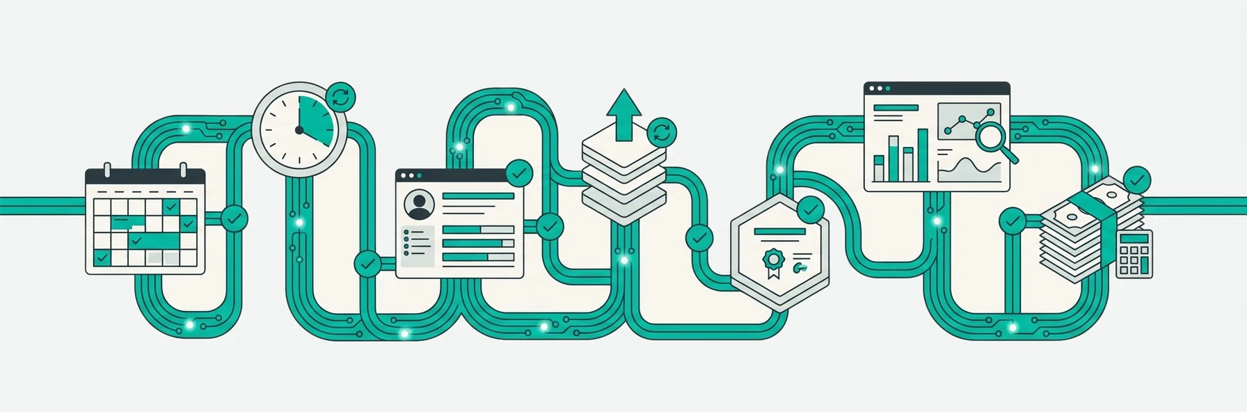 Connected workforce operating system illustration — scheduling, attendance, employee records and payroll linked as one operational record rather than separate systems.