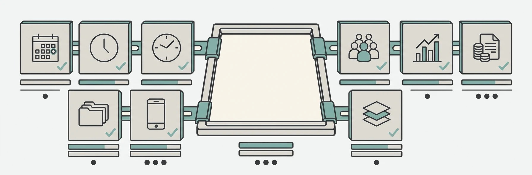 Modular plan illustration — the core platform with scheduling, attendance, HRIS, casual workforce, payroll and analytics modules added around it.