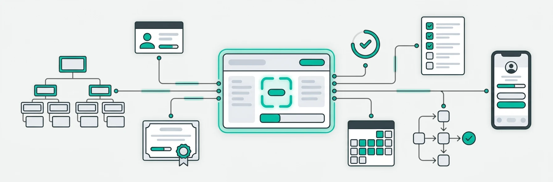 HRIS, leave and employee app illustration — employee records, leave balances and self-service requests connected to the schedule.
