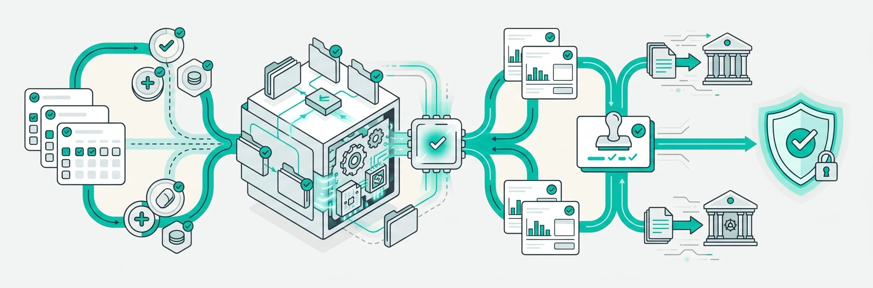 Payroll workflow illustration — reviewed hours, overtime and allowances flowing into a validated pay run.
