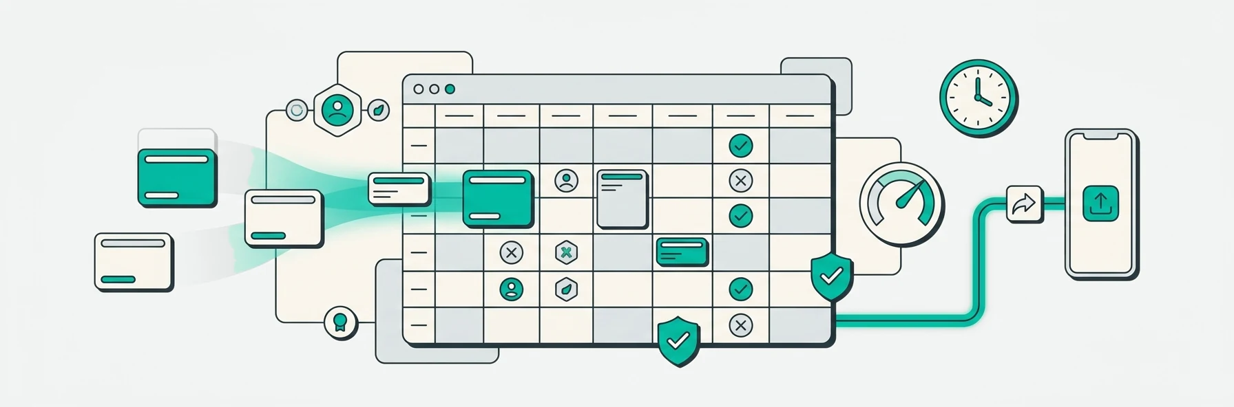 Smart scheduling illustration — a multi-role roster with availability, conflicts and outlet coverage connected in one planning view.