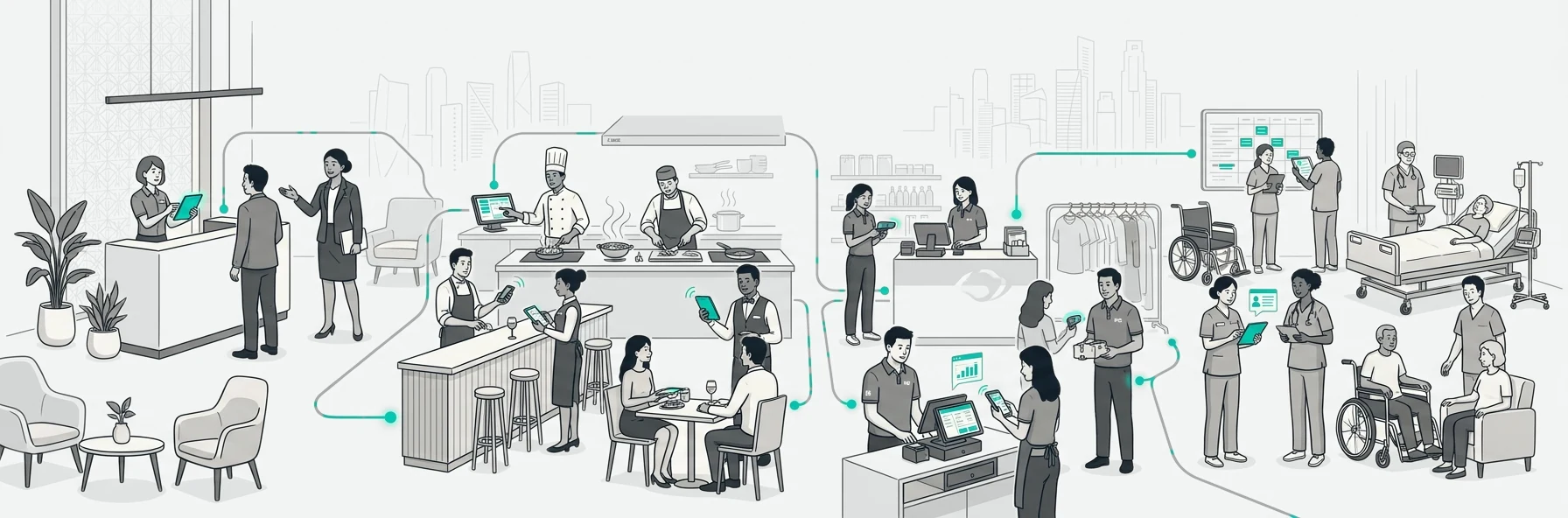 Singapore workforce operations illustration — hospitality and service teams across local shift-based operations.